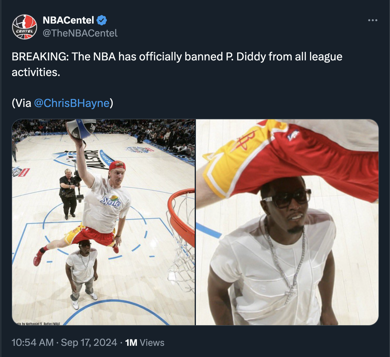 diddy tweets and reactions - diddy dunk contest - NBACentel Ceta Breaking The Nba has officially banned P. Diddy from all league activities. Via Sate 1M Views